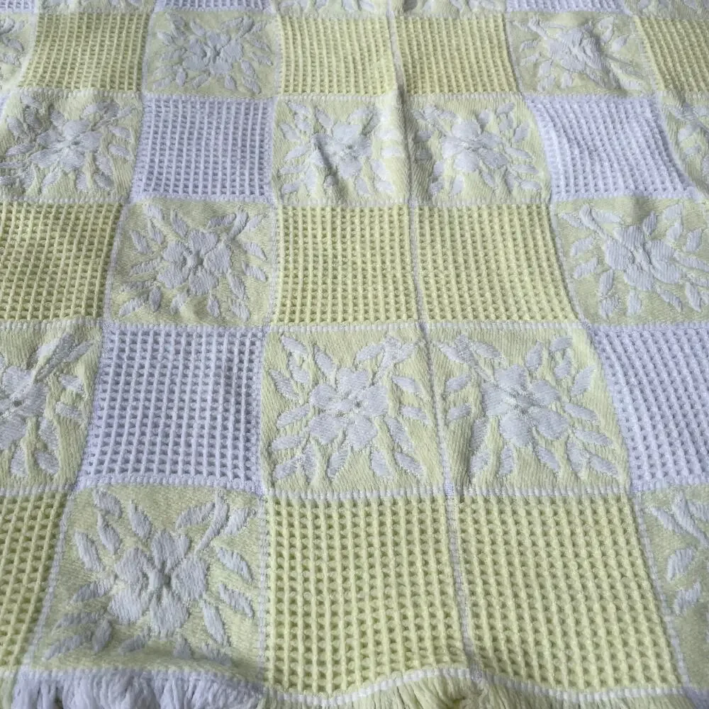Vintage Waffle Baby Blanket with Fringe Floral Yellow White Square Spain 1980s